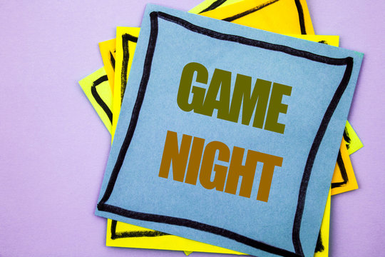 Writing text showing  Game Night. Business photo showcasing Entertainment Fun Play Time Event For Gaming written on sticky note paper on the pink background.