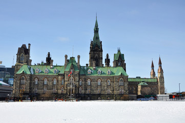 West Block of Parliament Buildings winter view, Ottawa, Ontario, Canada.