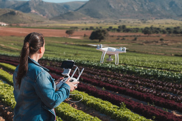 young technical women flying a drone on a lettuces field
