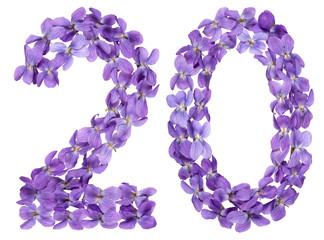 Arabic numeral 20, twenty, from flowers of viola, isolated on white background