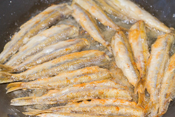 Cooking fried fish smelt rolled in flour
