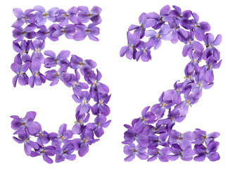 Arabic numeral 52, fifty two, from flowers of viola, isolated on white background