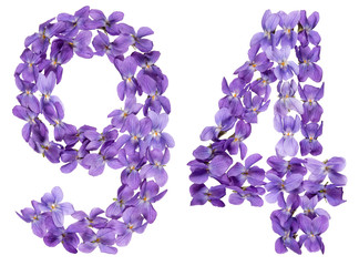 Arabic numeral 94, ninety four, from flowers of viola, isolated on white background