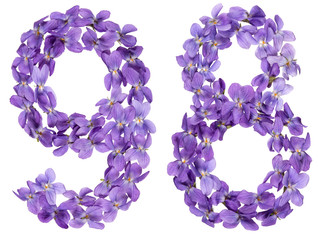 Arabic numeral 98, ninety eight, from flowers of viola, isolated on white background