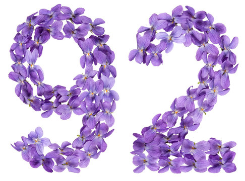 Arabic numeral 92, ninety two, from flowers of viola, isolated on white background