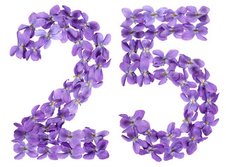 Arabic numeral 25, twenty five, from flowers of viola, isolated on white background