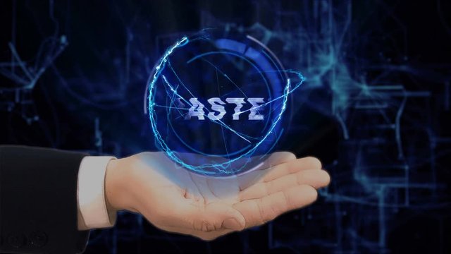 Painted hand shows concept hologram Master on his hand. Drawn man in business suit with future technology screen and modern cosmic background