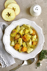 Chicken fillet stewed with apples and pumpkin.Top view.