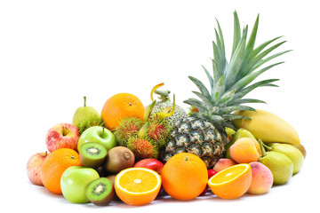 Group of tropical fresh fruits and vegetables isolated on white background