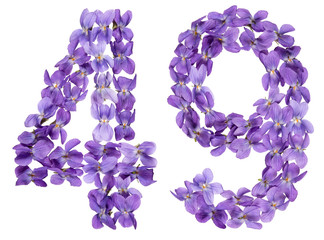 Arabic numeral 49, forty nine, from flowers of viola, isolated on white background
