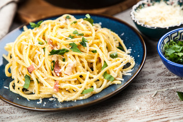 Spaghetti carbonara with egg and pancetta