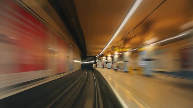 Time lapse. Arrival of the underground train to the metro station.