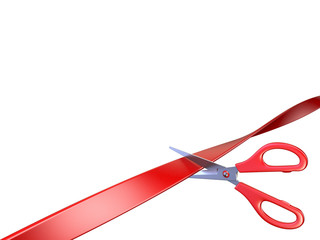 Scissors cutting red ribbon 3D
