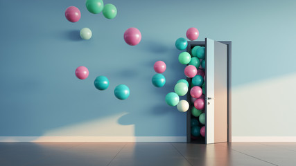 Balloons fly away through open door - obrazy, fototapety, plakaty