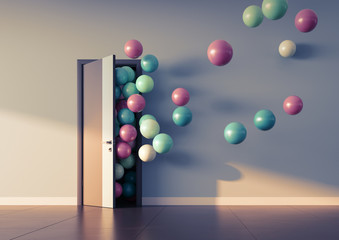 Balloons fly away through open door