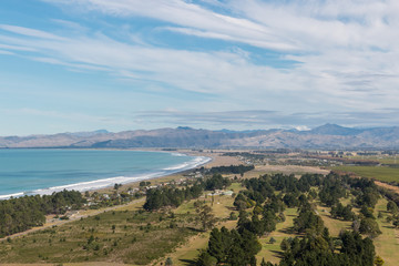 Fototapeta na wymiar aerial view of Cloudy Bay with Rarangi beach in New Zealand