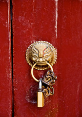 Door handle and lock, on Man Mo Temple door, Hong Kong, China 