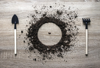 wooden background concept ground piled circle dish spoon fork rake texture planting center apple...
