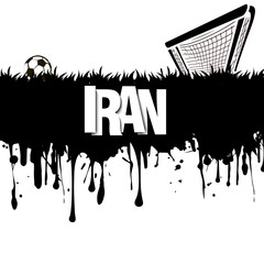 Grunge banner. Iran with a soccer ball and gate