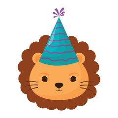 cute lion with party hat over white background, colorful design. vector illustration