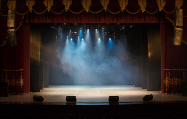 scene, stage light with colored spotlights and smoke