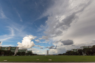 Fototapeta na wymiar Panoramic view of the Esplanada dos Ministérios, including the central lawn and National Congress of Brazil in the background.