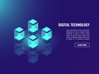 Blockhacin technology concept, isometric vector data exchange, cloud information storage, server room, datacenter and database security neon dark ultraviolet