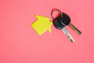 Symbol of House with Two Silver Keys on Pink Background. Concept of Minimalism with Copyspace.