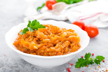 Cabbage stew. Cabbage braised in tomato sauce