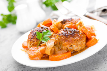 Fish meatballs or noisettes baked with carrot, onion and tomato sauce. Fish meatballs on plate