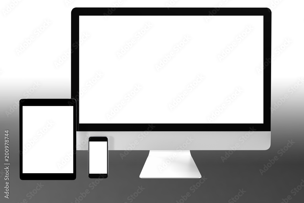 Aufkleber Modern computer laptop mobile phone and tablet isolate with clipping mask for mockup design,3D rendering