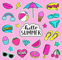 Set of cute summer fashion patches, strawberry, slippers, bikini, beach umbrella, ball,ice-cream, donut, lips, watermelon, cherry, cupcake, speech bubbles etc. Cartoon stickers. Vector illustration