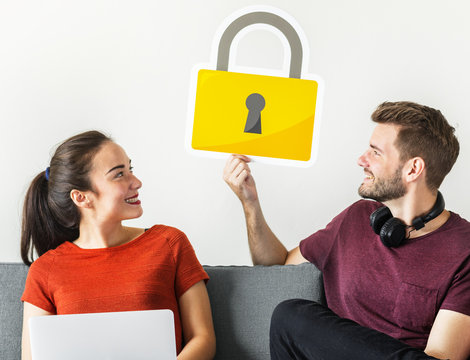 Couple with cyber security lock icon
