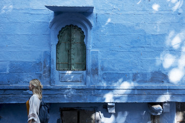 Western woman exploring the blue city, Jodhpur India