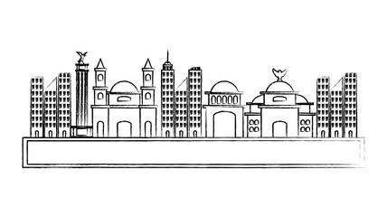 sketch of road with mexican buildings over white background, vector illustration