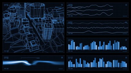 Monochromatic multi-panel visual display: city wireframe, graphs, readouts, indicators. Reversible seamless loop. 