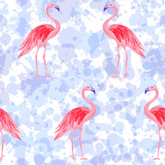 Beautiful flamingo watercolor seamless tropical pattern. Paint splashes backdrop, blue stains splatter texture. Flamingo pink bird watercolor textile background, seamless fashionable pattern design.