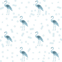 Trendy flamingo watercolor seamless tropical pattern. Memphis style geometric backdrop with triangle shapes. Flamingo bird watercolor textile background, seamless fashionable pattern design.