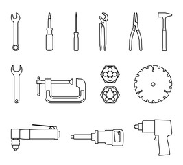 Power and hand tools icon set. Vector thin line