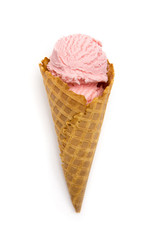 Waffle Cone with Strawberry Ice Cream on a White Background
