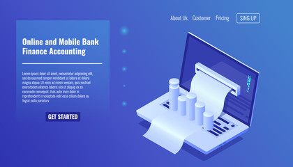 Online mobile banking concept, finance accounting, business management and statistic, distribution of the budget service isometric vecotr illustration