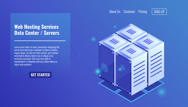 Server room, isometric rack icon, website hosting services, datacenter concept vector illustration