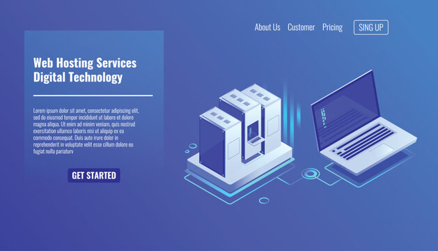 Server room rack, remote system administration, outsourcing service, computing technologies isometric vector icon
