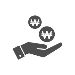Hand and Korean won coins dropping flat icon. Won coin and palm pictograph icon symbol.
