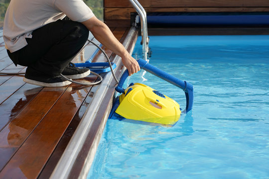 Pool cleaner during his work. Cleaning robot for cleaning the botton of swimming pools.