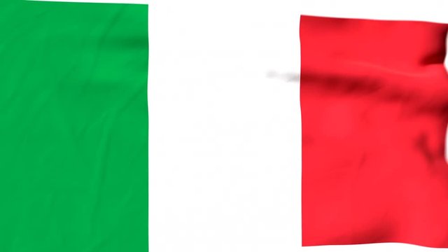 The waving flag of Italy opens up the view to the position of Italy on a colored world map