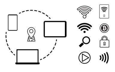 Payment, wifi, search, music via smartphone, tablet and laptop concept
