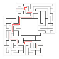 A square labyrinth with an entrance and an exit. Simple flat vector isolated illustration. With a place for your drawings. With the answer.