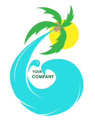 wave with palm and sun tropics travel logo