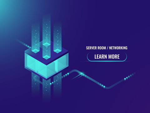 Isometric Cryptocurrency and Blockchain concept banner, processing of big data, server room concept, information center vector illustration
